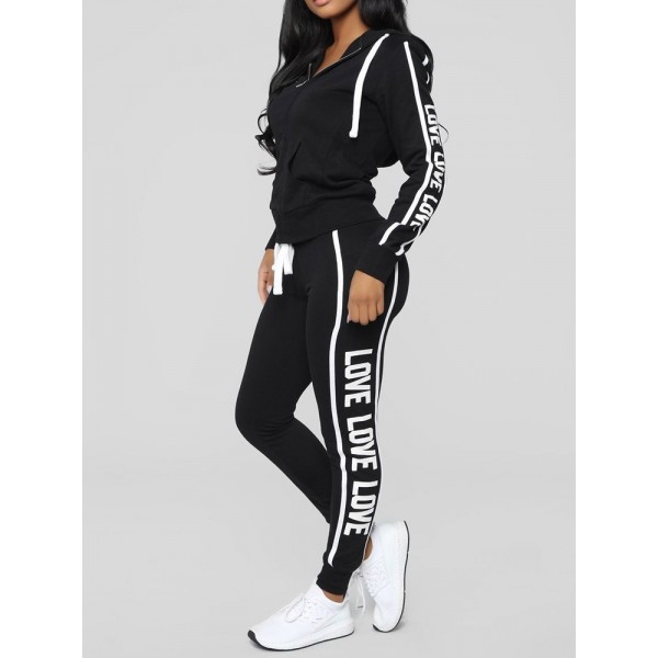 Print Letter Zipper Casual Sports Hooded Suit