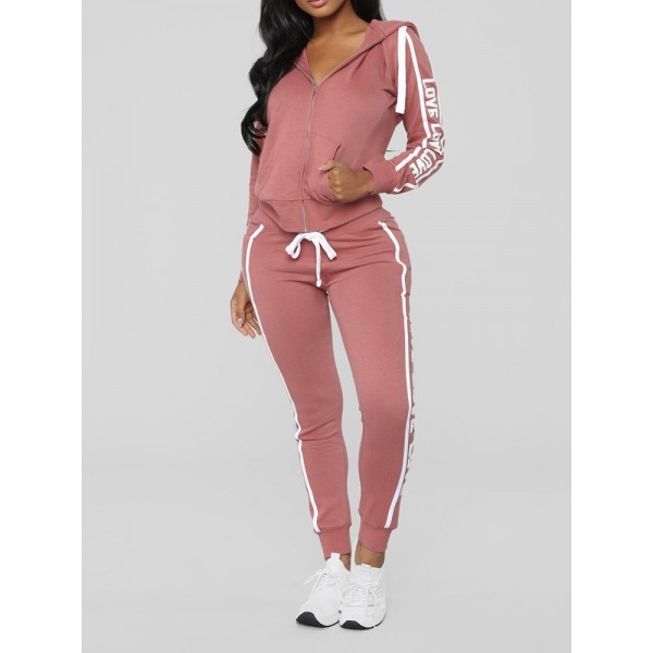 Print Letter Zipper Casual Sports Hooded Suit