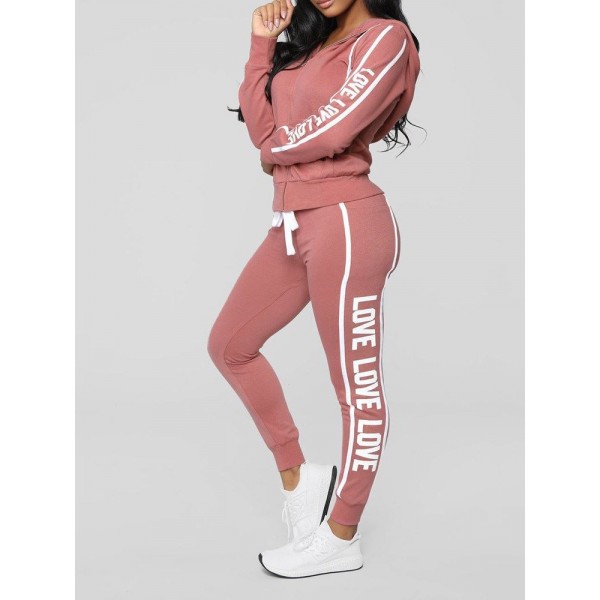 Print Letter Zipper Casual Sports Hooded Suit