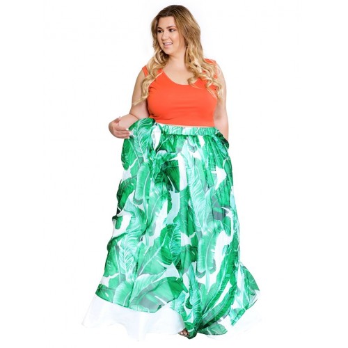 Plus Size Boho High Waist Leaf Print Maxi Skirt With Pockets