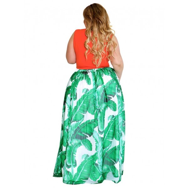 Plus Size Boho High Waist Leaf Print Maxi Skirt With Pockets