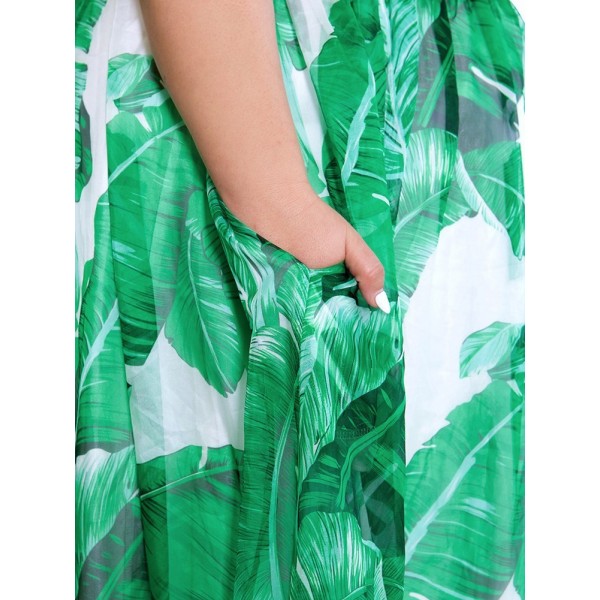 Plus Size Boho High Waist Leaf Print Maxi Skirt With Pockets