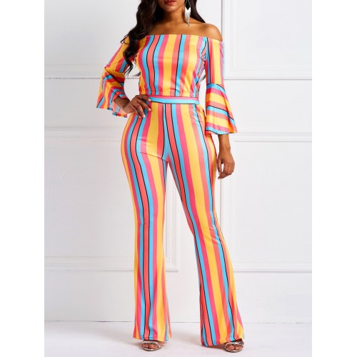 Off Shoulder Stripe Print Suit