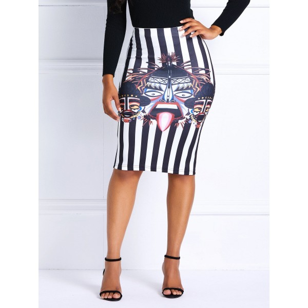 Stripe &Cartoon Print Bodycon Skirt