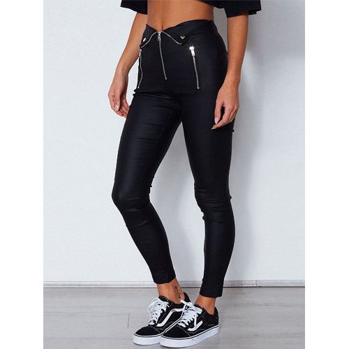 Zipper Skinny Plain Full Length Pencil Pants Casual Pants