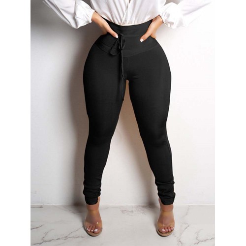 Lace-Up Skinny Plain Full Length Pencil Pants Casual Pants