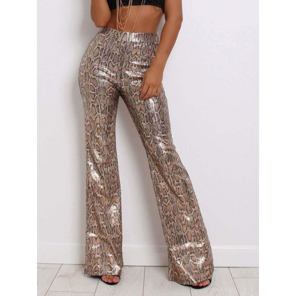 Slim Serpentine Print Full Length Bellbottoms Casual Pants