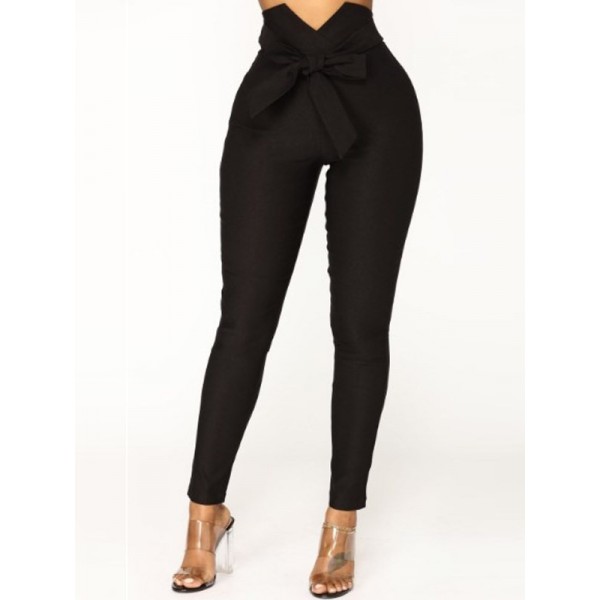 Plain Slim Bowknot Mid-Waist Pencil Pants Casual Pants