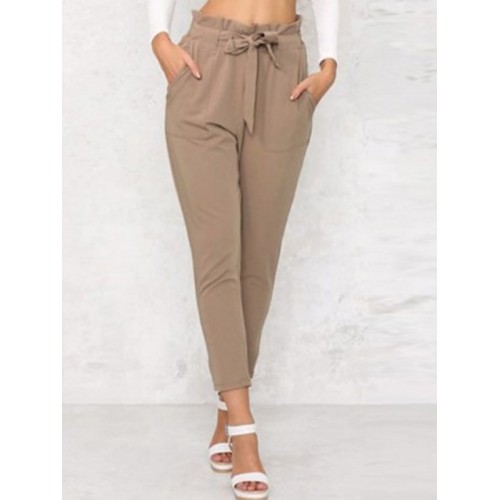 Pocket Plain Slim Ankle Length Mid-Waist Casual Pants