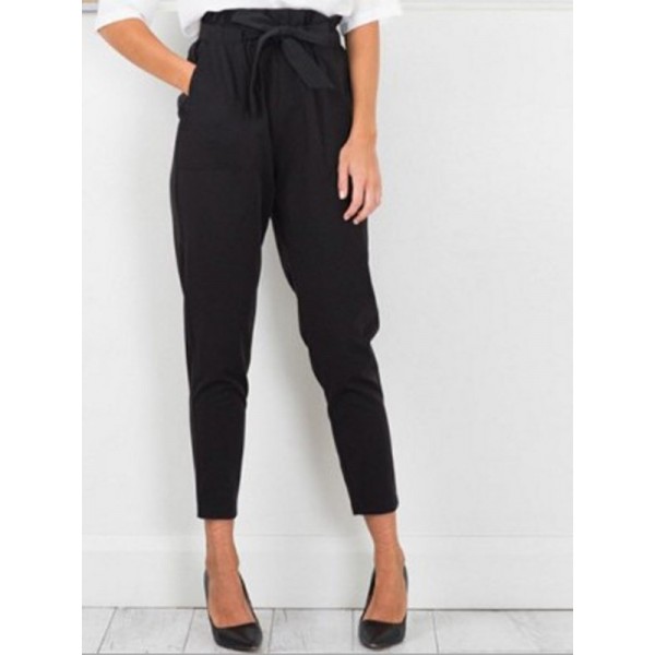 Pocket Plain Slim Ankle Length Mid-Waist Casual Pants