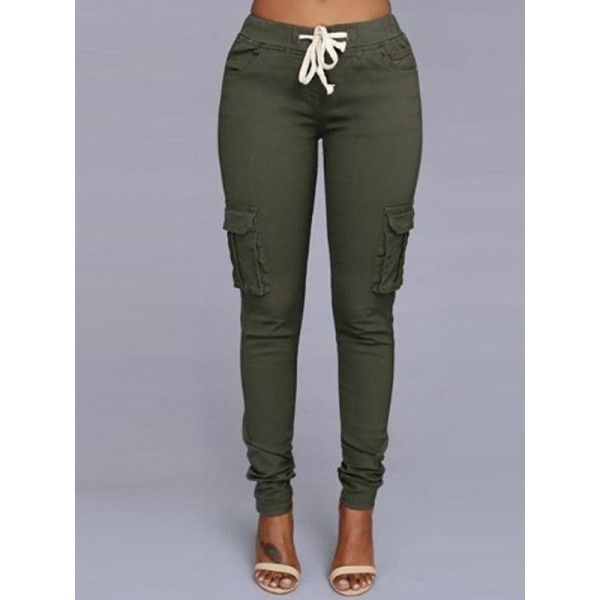 Plain Pocket Slim High-Waist Full Length Casual Pants