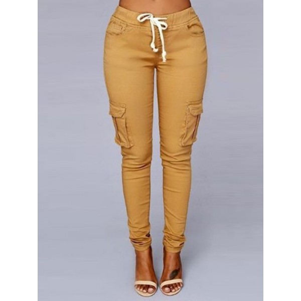 Plain Pocket Slim High-Waist Full Length Casual Pants